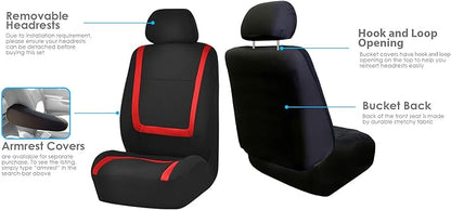 FH Group Car Seat Covers Full Set Cloth - Universal Fit Automotive Seat Covers, Low Back Front Seat Covers, Solid Back Seat Cover, Washable Car Seat Cover for SUV, Sedan and Van Red