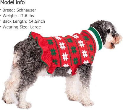 KYEESE Dog Christmas Sweater Pullover Dog Sweater for Small Dogs Warm Dogs Coats Pet Clothes Pet Sweater Dress with Snowflake Pattern Turtleneck Knit Pet Sweater for Girl with Leash Hole, Red, Large