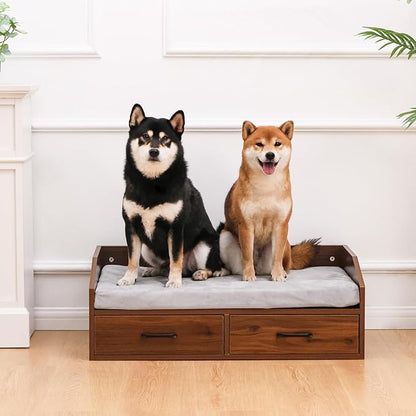 Elevated Dog Bed for Small to Medium Dogs – 32” x 21” Indoor Wooden Pet Sofa with Soft Cushion, Mid-Century Modern Style, Sturdy & Stylish (Walnut)