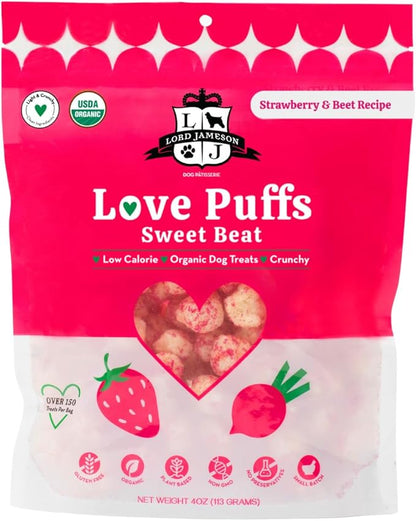 Lord Jameson Sweet Beat Light & Crunchy Love Puffs - Strawberry & Beet - Dog Treats, Low-Calorie, Low-Sugar, Gluten & Preservative-Free, USDA Certified Organic - Made In USA 4 oz