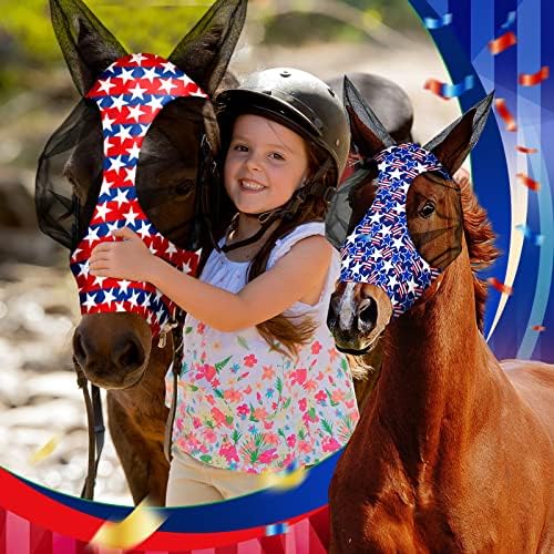 Frienda 4 Pcs 4th of July Horse Fly Mask with Ears 250th Anniversary Horse Face Covering Elasticity Smooth Comfortable Mask with UV Protection for Patriotic Independence Day(Large)