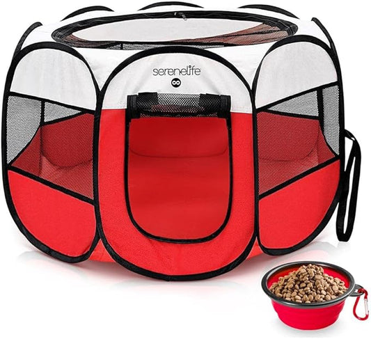SereneLife On-The-Go Foldable Portable Pet Tent 8-Panel Playpen for Dog & Cat w/Food/Water Bowl, Mesh Exercise Puppy Playground, Pet House Indoor & Outdoor, Travel & Camping Pet Kennel (Red - Small)