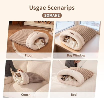 Cat Sleeping Bag for Indoor Cats, Self Warming Cat Bed Cave Fits up to 15 lbs Pets, Pet Sleeping Bed with Plush Portable Snuggle Sack/Hideway 17''×21''White