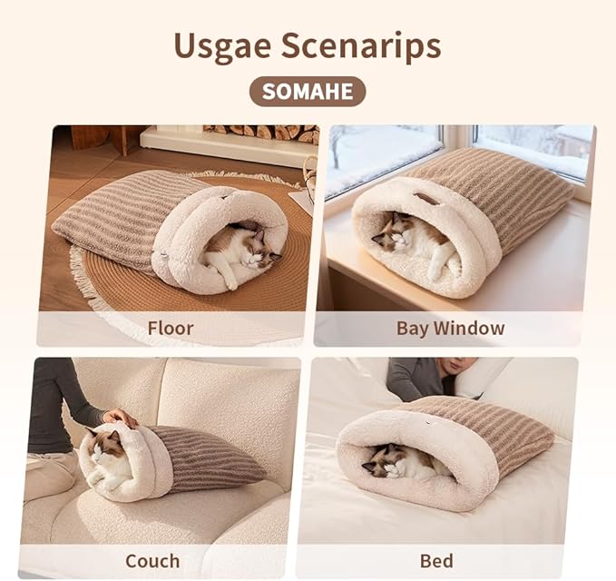 Cat Sleeping Bag for Indoor Cats, Self Warming Cat Bed Cave Fits up to 15 lbs Pets, Pet Sleeping Bed with Plush Portable Snuggle Sack/Hideway 17''×21''Blue