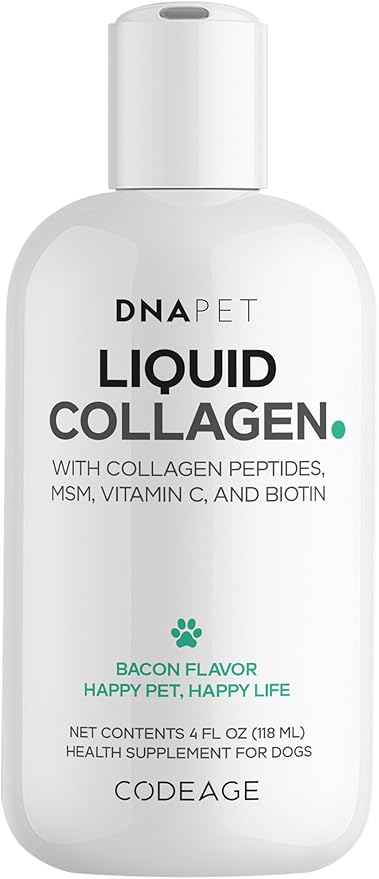 DNA PET Liquid Collagen for Dogs – Beef Collagen Peptides with Vitamin C, Biotin & MSM – Bacon Flavor Liquid Supplement for Skin, Coat & Joint Care – Canine Supplement - All Dog Breeds – 4 fl oz