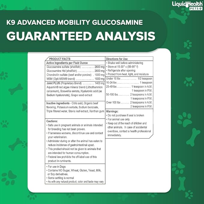 LIQUIDHEALTH Pets K9 Advanced Mobility Liquid Glucosamine Level 5000 for Large Dogs with Chondroitin, MSM, Boswellia Serrata - Dog Hip & Joint Health Vitamins, Pet Joint Oil Juice - USA Made (32 oz)