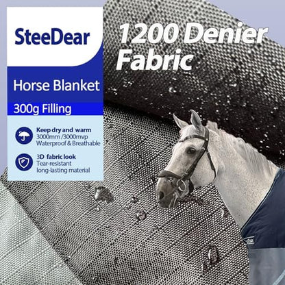 1200D Winter Horse Blanket,300g Fill,Black/Gray 81''