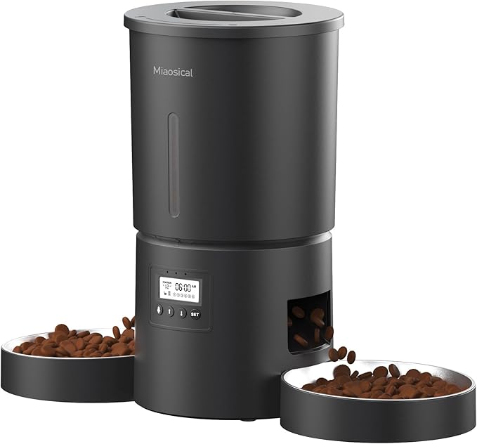 Miaosical Automatic Cat Feeder 2 Cats, 4.2L Dry Food Auto Dispenser with Double Bowls,Dual Power Supply,Programmable Portion Control,10s Voice Recorder(Black,Stainless Steel Bowls)