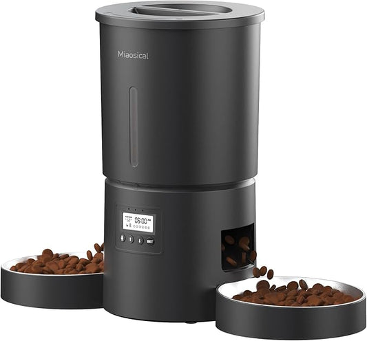 Miaosical Automatic Cat Feeder 2 Cats, 4.2L Dry Food Auto Dispenser with Double Bowls,Dual Power Supply,Programmable Portion Control,10s Voice Recorder(Black,Stainless Steel Bowls)