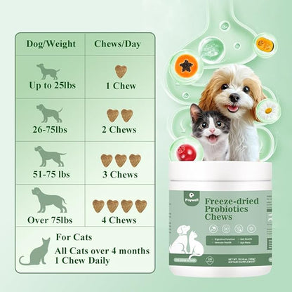 Freeze-Dried Probiotics Chews Supplement for Dogs & Cats, 5-in-1 Probiotic Blend for Digestive and Gut Health, 120ct/300g