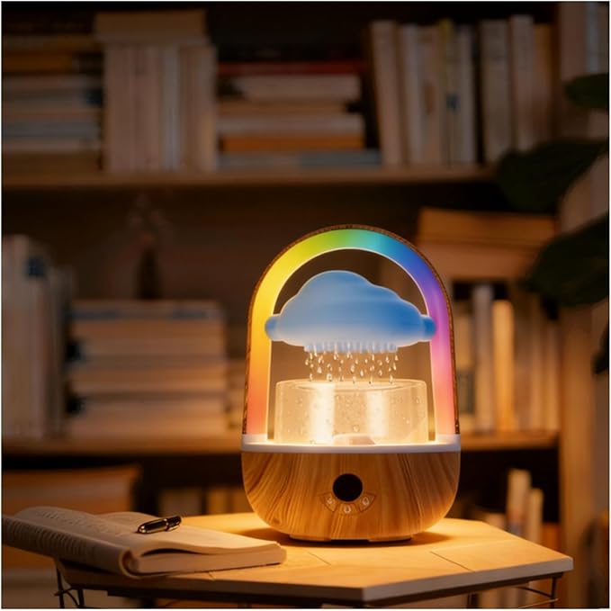 Relaxing Indoor Water Fountain with Gentle Rain Sounds, Weljoy Cloud Rainbow Rain Tabletop Fountain with Color Changing Lights, Wireless Design for Office Desk Meditation (Wood)