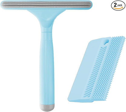 2 Pack Reusable Pet Hair Remover and Fabric Lint Scraper Set, Blue | Double-sided lint remover and flexible fabric scraper for dog cat hair on clothes, sofas, bedding, rugs and car seats.