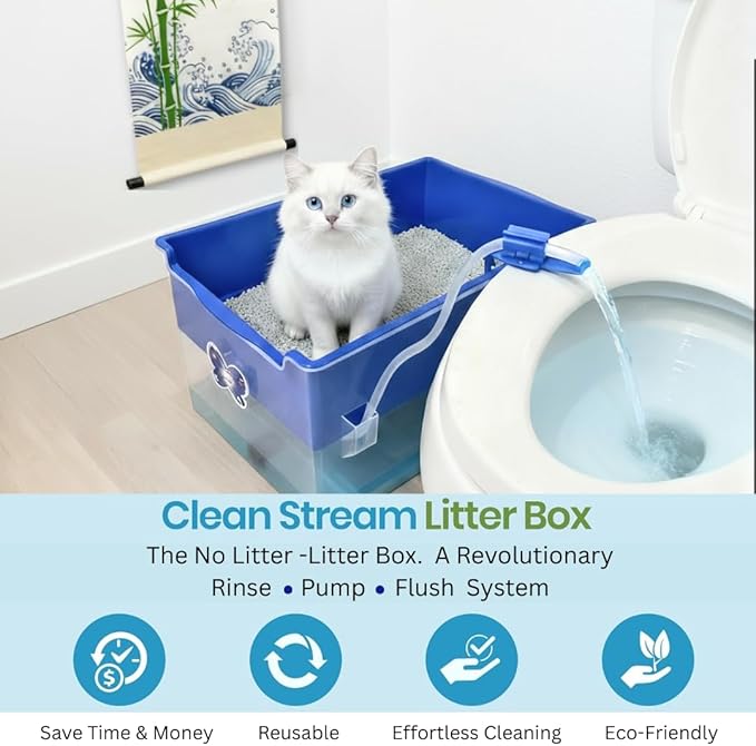 Clean Stream Cat Litter Box – No Litter System, Rinse & Drain Design, Mess-Free, Reusable Natural Gravel, No Tracking, Easy Clean
