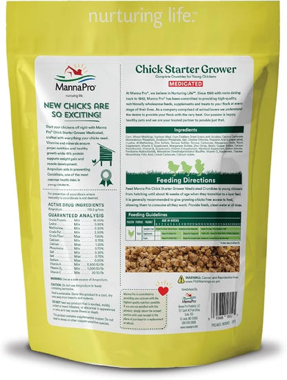 Manna Pro Medicated Chick Starter Grower, Crumbled Chick Feed with Amprolium, Complete Nutrition for Young Chickens, Supports Healthy Growth and Coccidiosis Prevention, 6-Pack of 5 lb Bags