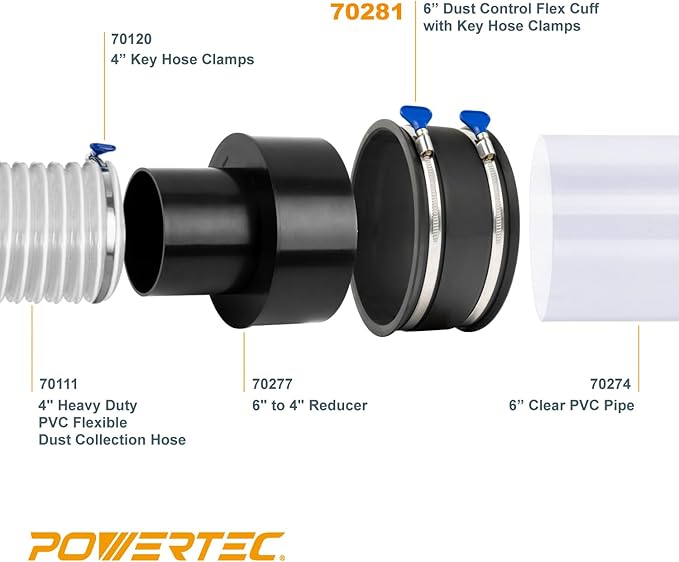 POWERTEC 6 Inch Dust Control Flex Cuff w/Adjustable Key Hose Clamps, 4 PK - Black Rubber Woodworking Dust Collection Accessory