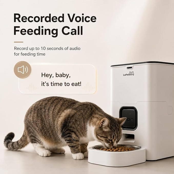 Smart Automatic Cat Feeder with App Control, 4L Timed Dry Food Dispenser, Up to 10 Meals per Day, 10-Second Voice Recorder, Dual Power Supply, for Cats & Small Dogs