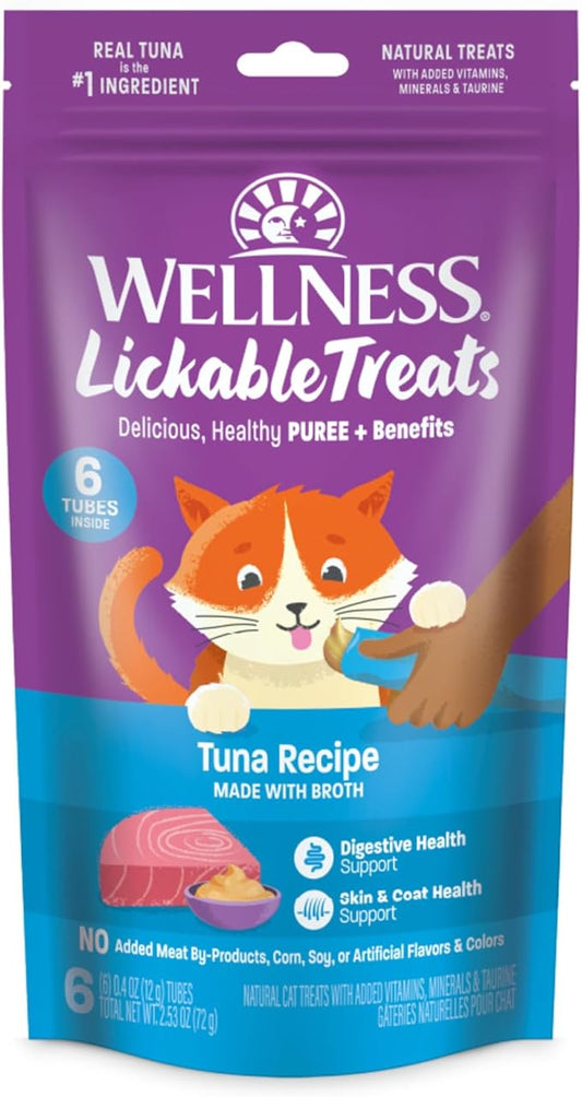 Wellness Lickable Treats Soft Puree Natural Grain Free Adult Cat Treats, Tuna Recipe, Contains 6-0.4 Ounce Squeezable Tubes