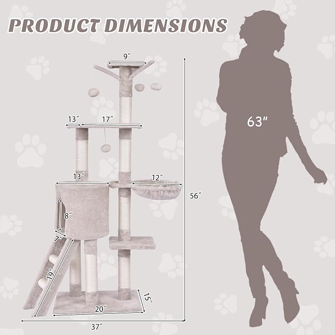 PETSITE 56 Inches Cat Tree for Indoor Cats, Multi-Level Cat Tower with Sisal Scratching Posts and Ladder, Tall Cat Tree with Top Perch, Hammock, Cat Condo & Jumping Platforms for Cats Kittens