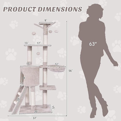 PETSITE 56 Inches Cat Tree for Indoor Cats, Multi-Level Cat Tower with Sisal Scratching Posts and Ladder, Tall Cat Tree with Top Perch, Hammock, Cat Condo & Jumping Platforms for Cats Kittens