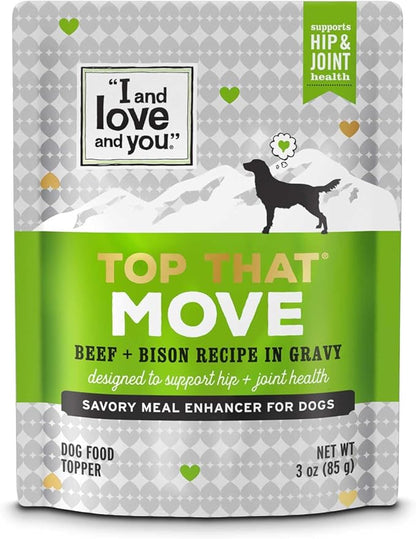 I AND LOVE AND YOU Wet Dog Food Toppers - Top that Move Beef with Bison Recipe in Gravy, Meal Enhancer Topper, 3oz 12pk
