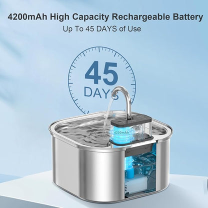 Wireless Cat Water Fountain with 3 Filters + 3 Sponges,[Rechargeable & Faucet ] Stainless Steel Battery Operated,108oz/ 3.2l Automatic Cordless Pet Fountain -Dog Fountain with 4200 Mah Battery