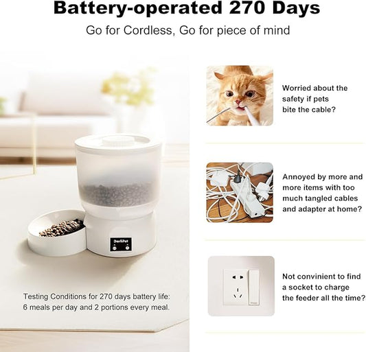 Automatic Cat Feeder with 270-Day Battery Life, Rechargeable Auto Cat Feeder with Slow Feed Mode & Very Quiet Dispensing, 2.5L App Controlled Small cat Food Dispenser for Cats & Small Dogs