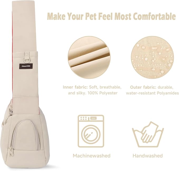 Dog Carrier Sling, Cat Sling Carrier, Adjustable Soft Padded Shoulder Strap with Storage Pocket, Small Dog and Cats Sling Carriers up to 10 lbs, Hands-Free Pet Carrier for Travel Hiking Walking Beige