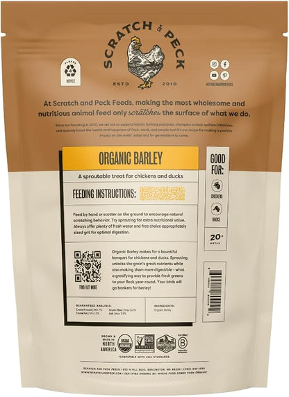 Scratch and Peck Whole Barley Chicken, Duck and Livestock Supplemental Grain - 10 lbs Bag - 8.5% Protein, Certified Organic and Non-GMO Project Verified Chicken Food