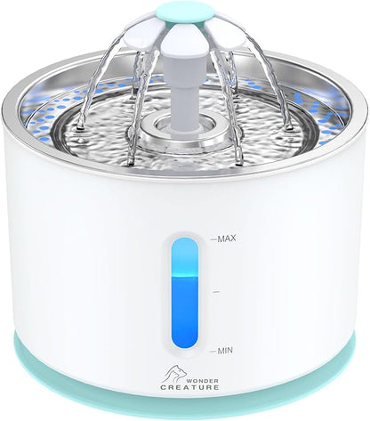 Wonder Creature Cat Water Fountain Stainless Steel Lid 81oz | Quiet Pet Fountain, LED Water Level Window, Multi-Layer Filter, Dishwasher-Safe Stainless Steel Lid for Cats and Dogs