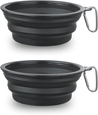 Large Dog Bowl Pet Collapsible Bowls, 2 Pack Collapsible Dog Water Bowls for Cats Dogs, Portable Pet Feeding Watering Dish for Walking Parking Traveling with 2 Carabiners (Large, Black+Black)