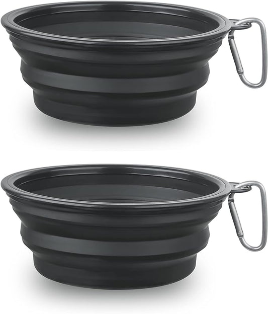 Large Dog Bowl Pet Collapsible Bowls, 2 Pack Collapsible Dog Water Bowls for Cats Dogs, Portable Pet Feeding Watering Dish for Walking Parking Traveling with 2 Carabiners (Large, Black+Black)