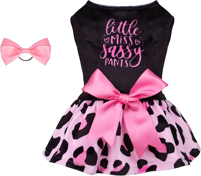 CuteBone Little Miss Sassy Pants Dog Leopard Print Dress Velvet for Small Dogs Girl Puppy Dresses Pink Dog Clothes CVA15XS-D