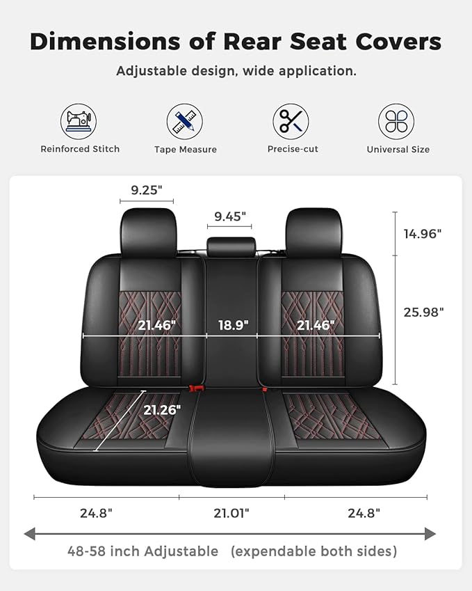 Huidasource Leather Back Row Seat Covers, Waterproof Rear Split Bench Car Seat Covers, Vehicle Seat Cushion Cover Protector Universal Fit for Most Cars Sedan SUV Pickup Truck(Back Row/Black&Red)