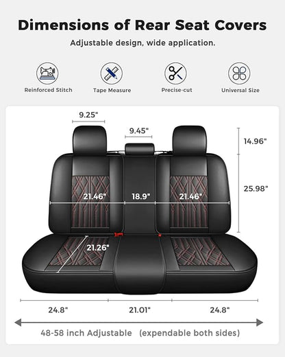 Huidasource Leather Back Row Seat Covers, Waterproof Rear Split Bench Car Seat Covers, Vehicle Seat Cushion Cover Protector Universal Fit for Most Cars Sedan SUV Pickup Truck(Back Row/Black&Red)