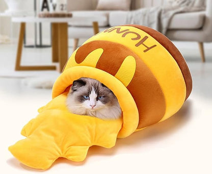 Tyenaza Cat Cave Bed, Warm Soft Removable Cushion Honey Pot Shape Cute Pet Bed House for Puppy
