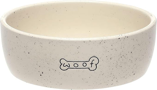 Pearhead Ceramic Dog Bowl – “Woof” Speckled Pet Food & Water Dish, Durable Stoneware, Non-Slip Heavy Base, 20 oz, Medium