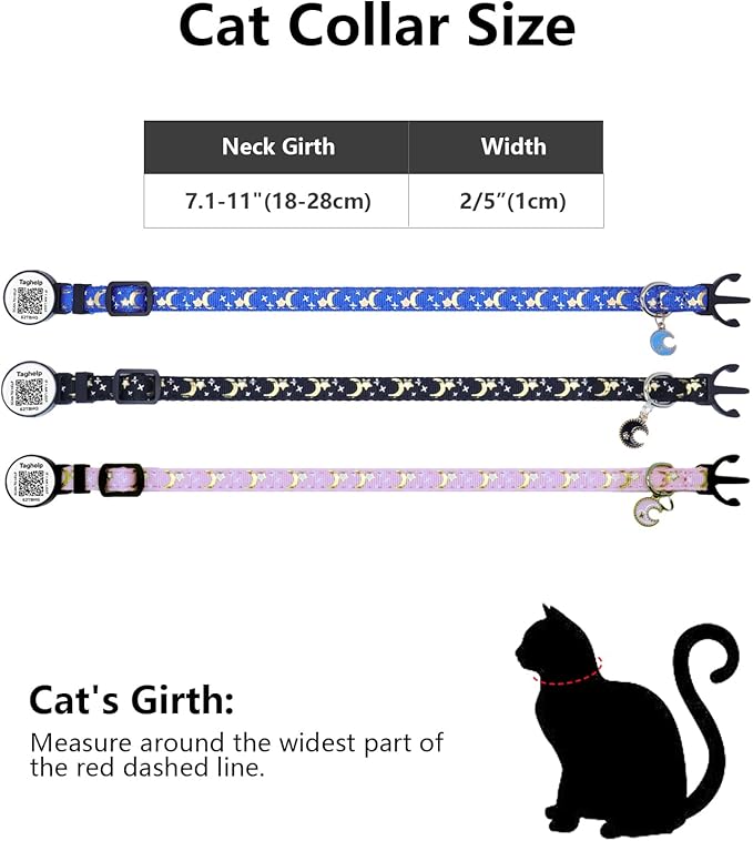 Reflective Moon & Star Cat Collar Breakaway with QR Code Smart ID tag & Bells, 2 Pack Girl Boy Pet Cat Collar Adjustable 7.5-12.5 Inch,boy & Girl Cats .No app(Pink)