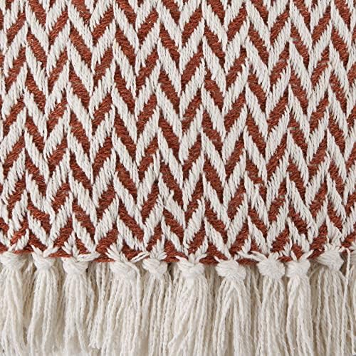 DII Modern Zig Zag Throw Blanket Woven Cotton, Hand-Knotted 2.5" Fringe, 50x60, Cinnamon