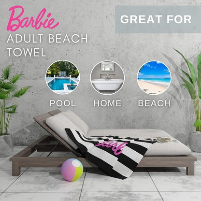 Barbie Barbiecore Black & White Striped Soft Cotton Bath/Pool/Beach Towel, 60 in x 30 in, (Official Licensed Barbie Product) by Franco