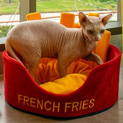 AYNEFY Beds Litter House Warm Skin Friendly Washable Cute Kitten Cushion for Indoor Cats Soft Plush Cat Bed with PP Cotton Filling Soft Plush Cat Bed (French Fries)