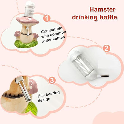 Mushroom Ceramic Hamster Hideout, Water Bottle with Stand, Food Bowl, Hamster Accessories (Pink)