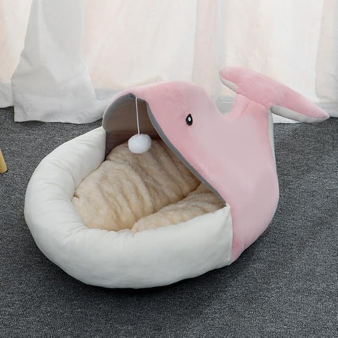 One for Pets Ultra-Soft Semi-Enclosed Cat Bed with Teaser, Pink Whale, Large