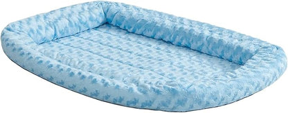 MidWest Homes for Pets Small QuietTime Double Bolster Pet Bed, Blue Plush 24-Inch Crate Mat with Stacked Bolsters, Machine Washable, Secure Fit with Elastic Straps