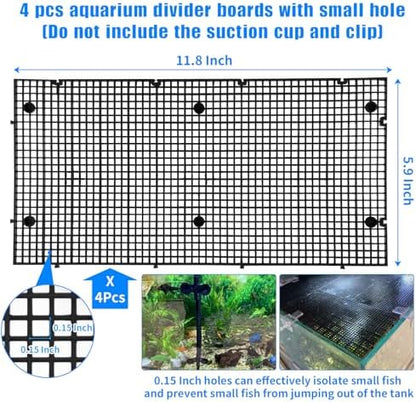 Adjustable Platic Grip Panel Aquarium Fish Tank Divider Filter Bottom DIY Plastic Grid Fish Tank Isolation Board Plastic Egg Crate Tray (Black, 4pcs 11.8X5.9 Inch with 0.15 Inch Hole)