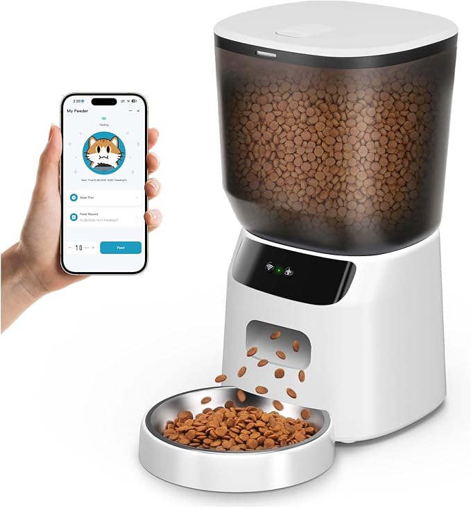 Automatic Cat Feeder WiFi, 5L Pet Feeder with App Control, 10 Meals Daily, 20 Portion Sizes, Timed Automatic Cat Food Dispenser, Stainless Steel Bowl, Dual Power Supply, Dry Food Feeder for Cats