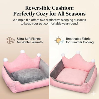 Cute Crown Pet Princess Beds for Small Dogs Luxurious Crown Dog Priness Beds Winter Warm Puppy Cat Sofa Bed Shih Tzu Yorkies Kennels Removable Mascotas Supplies (Pink Crown, XS Below 1.5 kg)