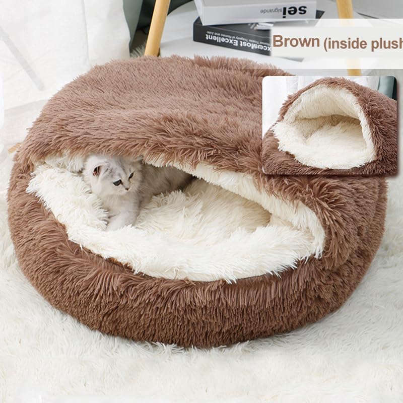 Round Fluffy Hooded Cat Bed Cave, Anti-Anxiety Cave Bed with Blanket