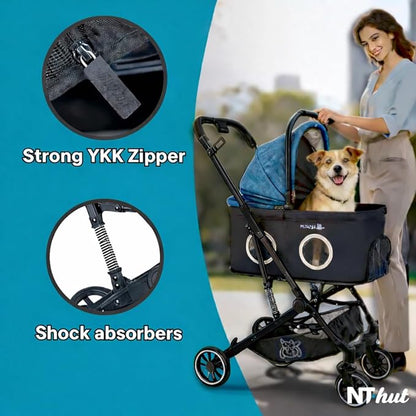 Dog Stroller for Small Medium Dogs & Cats Up to 50 lbs – NTHUT WagZee Foldable Pet Stroller with 360° Mesh Windows, One-Click Fold, Reflective Trim, Storage Basket & Cup Holder (Black Teal)
