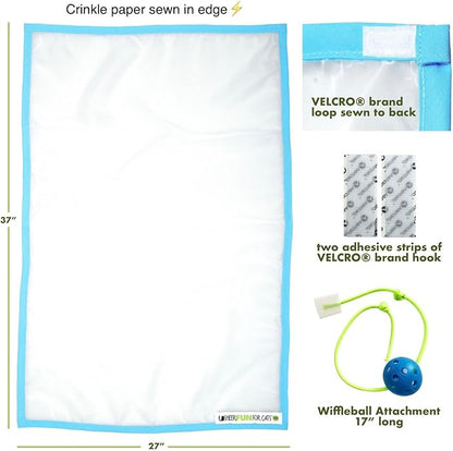Toy, Renews Old Toys, Engages Hunting Instincts, Made in USA, Ball, Versatile, Quiet, Crinkle Edges, Cats, Kittens, cat playmat, Bed, Hide and Seek, Blue & White, 27"x37"