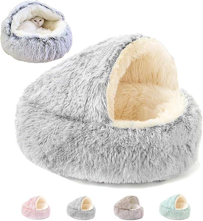 Keep Warm Lapcatz Nest Bed, Cat Bed Round Fluffy Hooded Cat Bed Cave, Anti-Slip Bottom and Machine Washable,Removable Washable Round Beds for Small Medium Pets (Grey,70cm/27.5inch)
